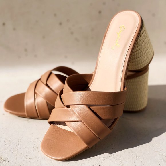 Qupid Shoes - NEW Multi Crisscross Straps Natural Raffia Oval Block Heel Slip On Slide Sandals